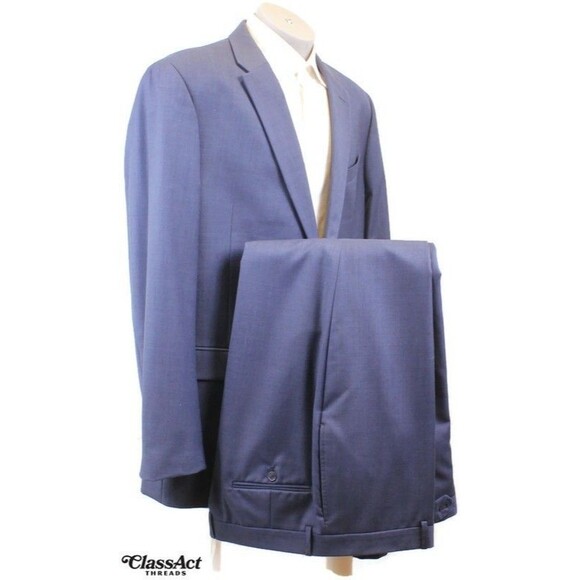 Tommy Hilfiger 2 Piece Suit Mens Blue Wool 2 Btn 48L Flat Fronts 40" Waist - Picture 2 of 11